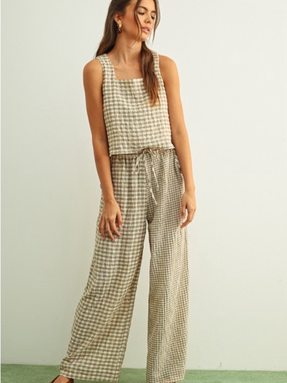 NWT 100% Cotton Mixed Gingham Print Wide Leg Pant Set